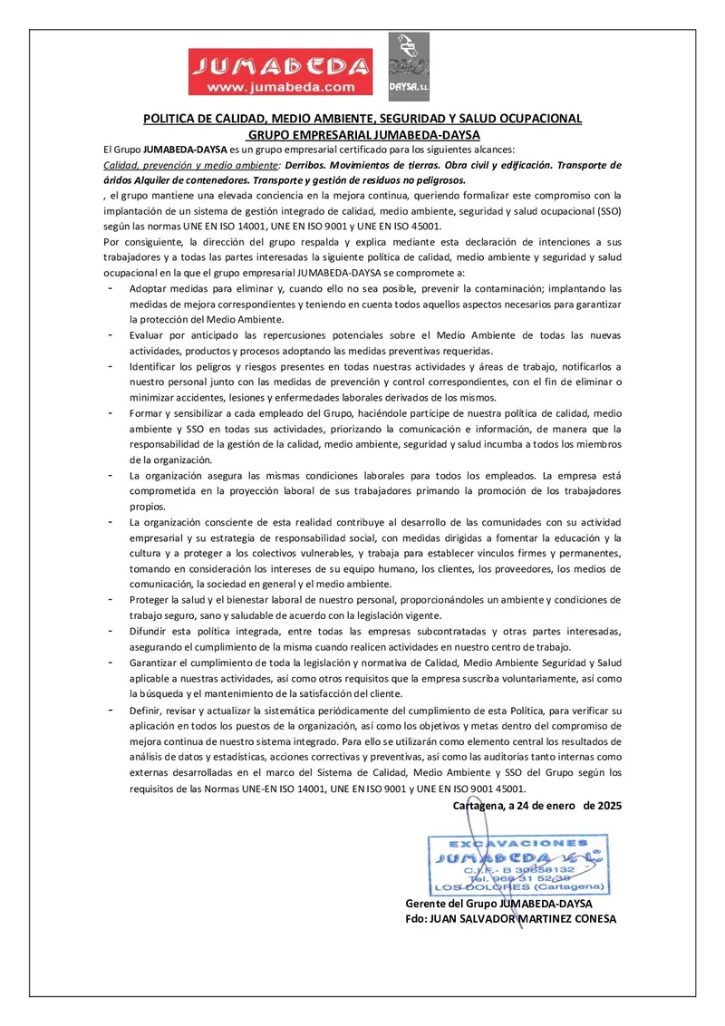 Política de calidad, medio ambiente y SSO de Reciclajes Daysa
